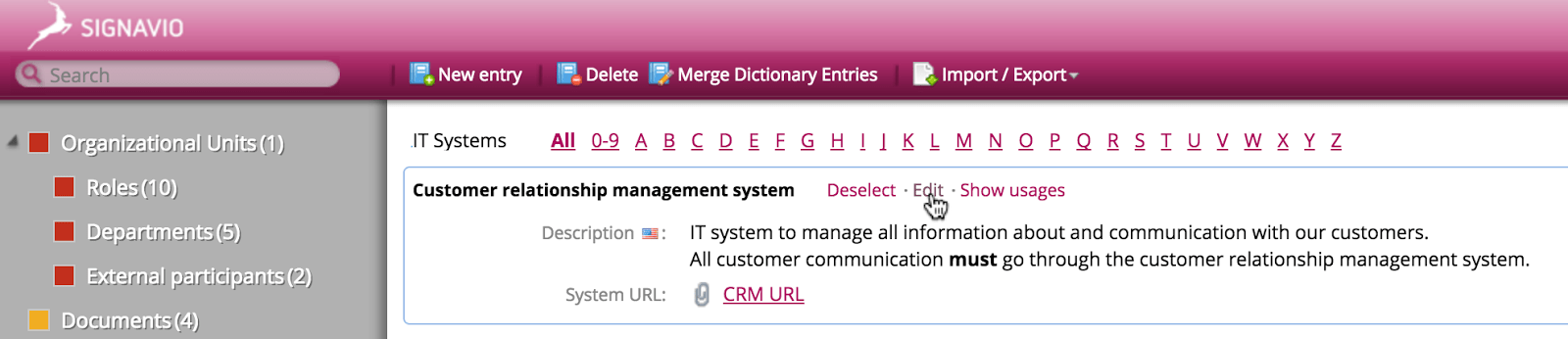 Edit dictionary entry in Signavio Process Editor