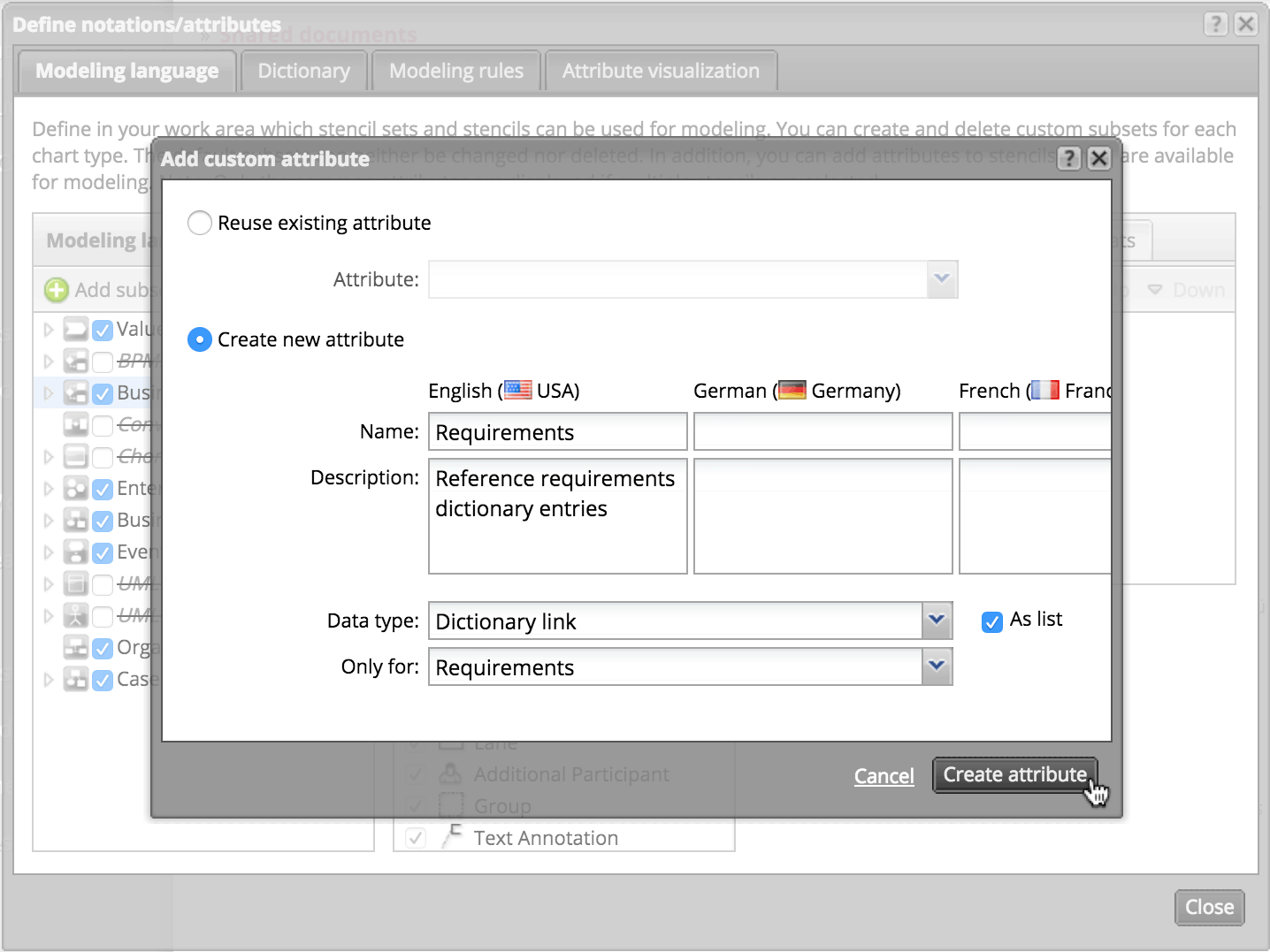 Process-oriented requirements management: Create a dictionary reference attribute