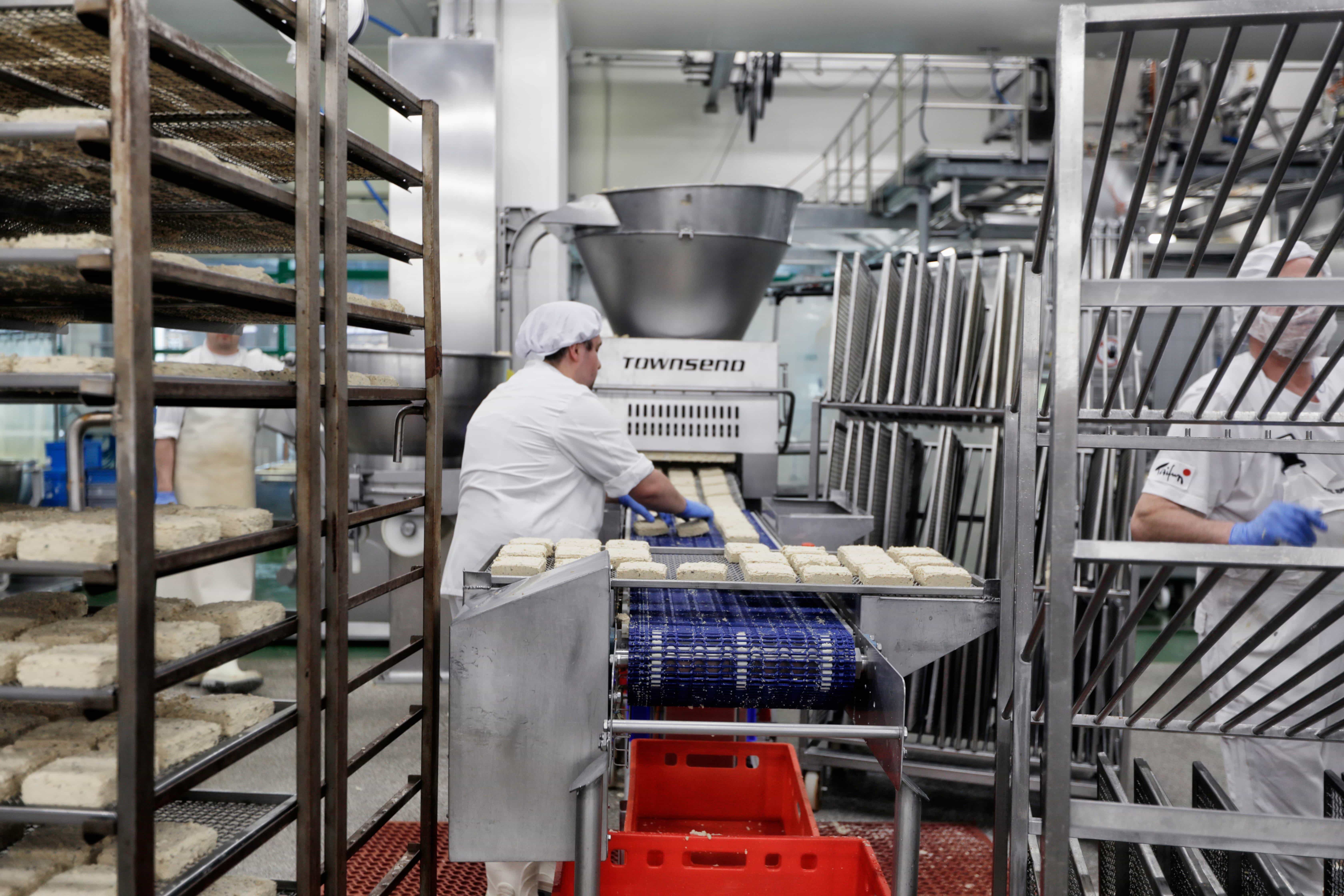 Tofu factory, person putting tofu onto conveyor belt