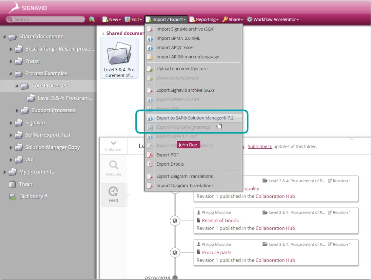 screenshot showing capability to export Signavio process maps to SAP SolMan